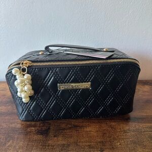 Vince Camuto Fold Out Black Quilted Cosmetic Bag with Pearl Charm NWT